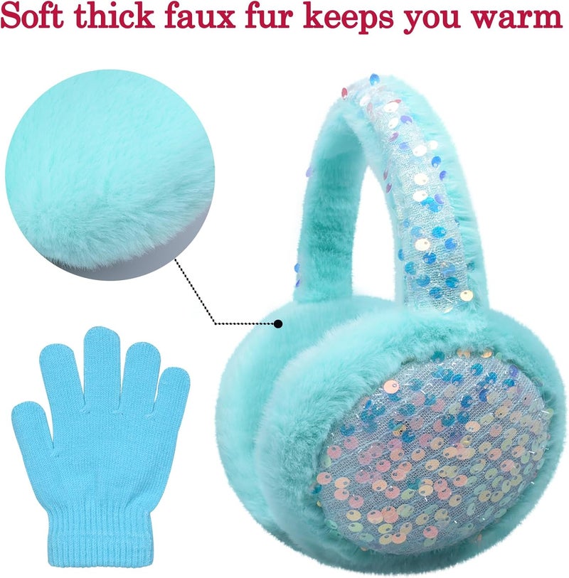 EDCYF Ear Muffs Gloves Set for Kids Girls Winter Ear Muffs Adjustable Sequins Warm Earmuffs Furry Outdoor - Image 4